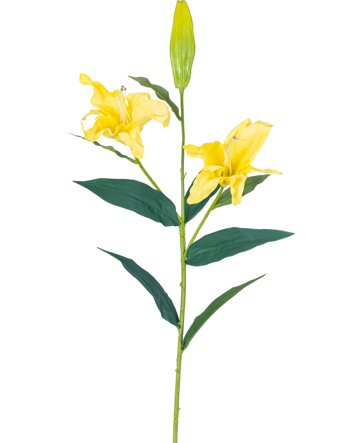 Il fiore artificiale Giglio Real Touch Giallo 95 cm ha un unico stelo con due fiori di giglio giallo aperti, un bocciolo chiuso nella parte superiore e lunghe foglie verdi, il tutto su uno sfondo bianco semplice.
