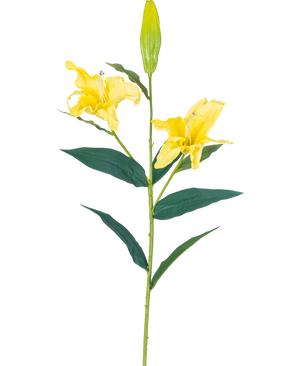Il fiore artificiale Giglio Real Touch Giallo 95 cm ha un unico stelo con due fiori di giglio giallo aperti, un bocciolo chiuso nella parte superiore e lunghe foglie verdi, il tutto su uno sfondo bianco semplice.