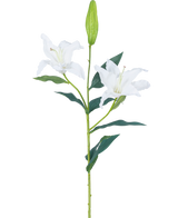De Kunstbloem Lelie Real Touch wit 95 cm heeft een enkele groene steel met twee open witte leliebloemen, donkergroene bladeren en een gesloten knop, tegen een effen witte achtergrond.