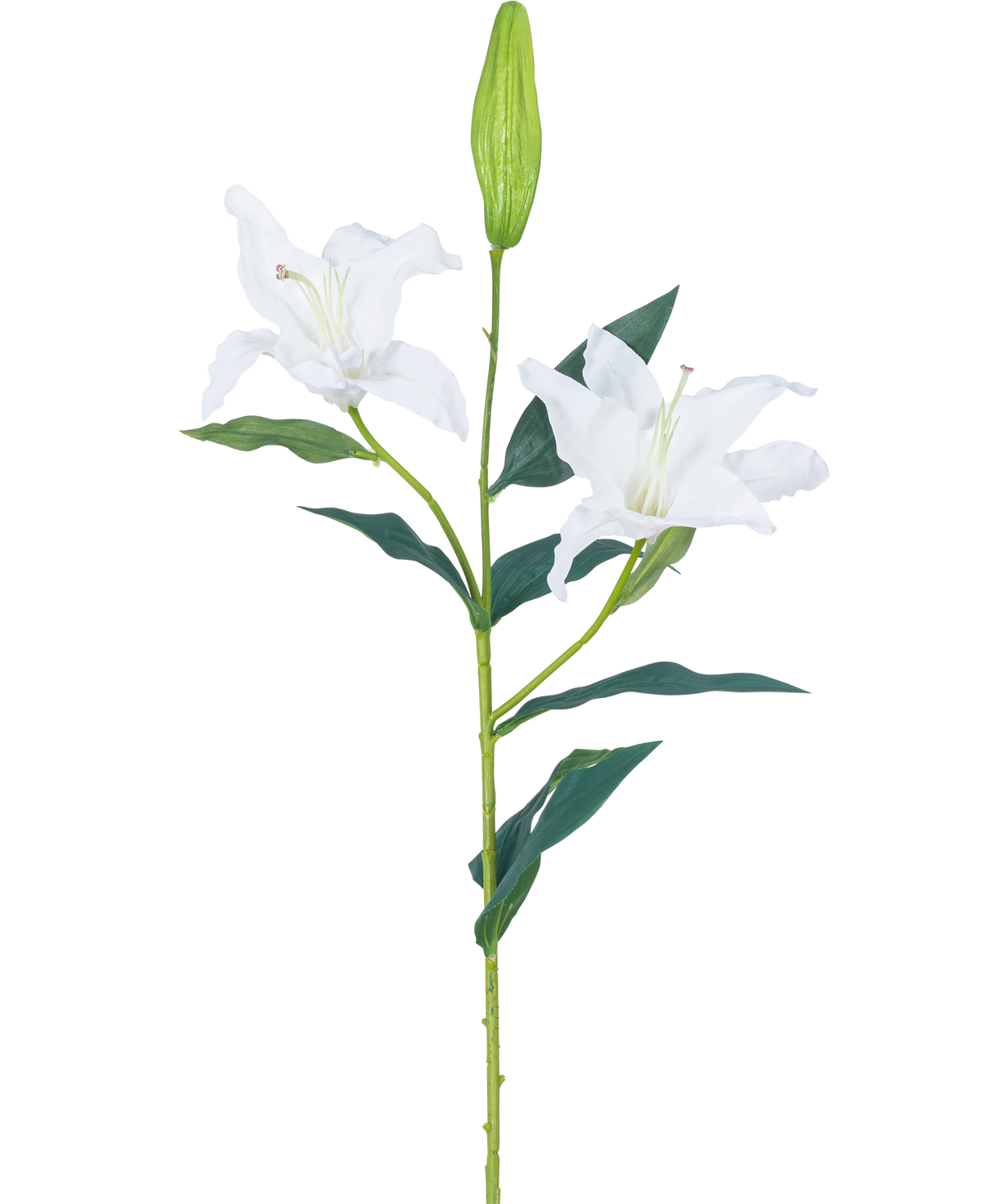 Il fiore artificiale Giglio Real Touch bianco 95 cm ha un unico stelo verde con due fiori di giglio bianco aperti, foglie verde scuro e un bocciolo chiuso, su uno sfondo bianco semplice.