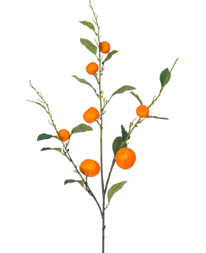 Een Kunsttak Mandarijn 93 cm oranje met groene bladeren en een aantal rijpe, oranje mandarijnen is afgebeeld tegen een effen witte achtergrond.