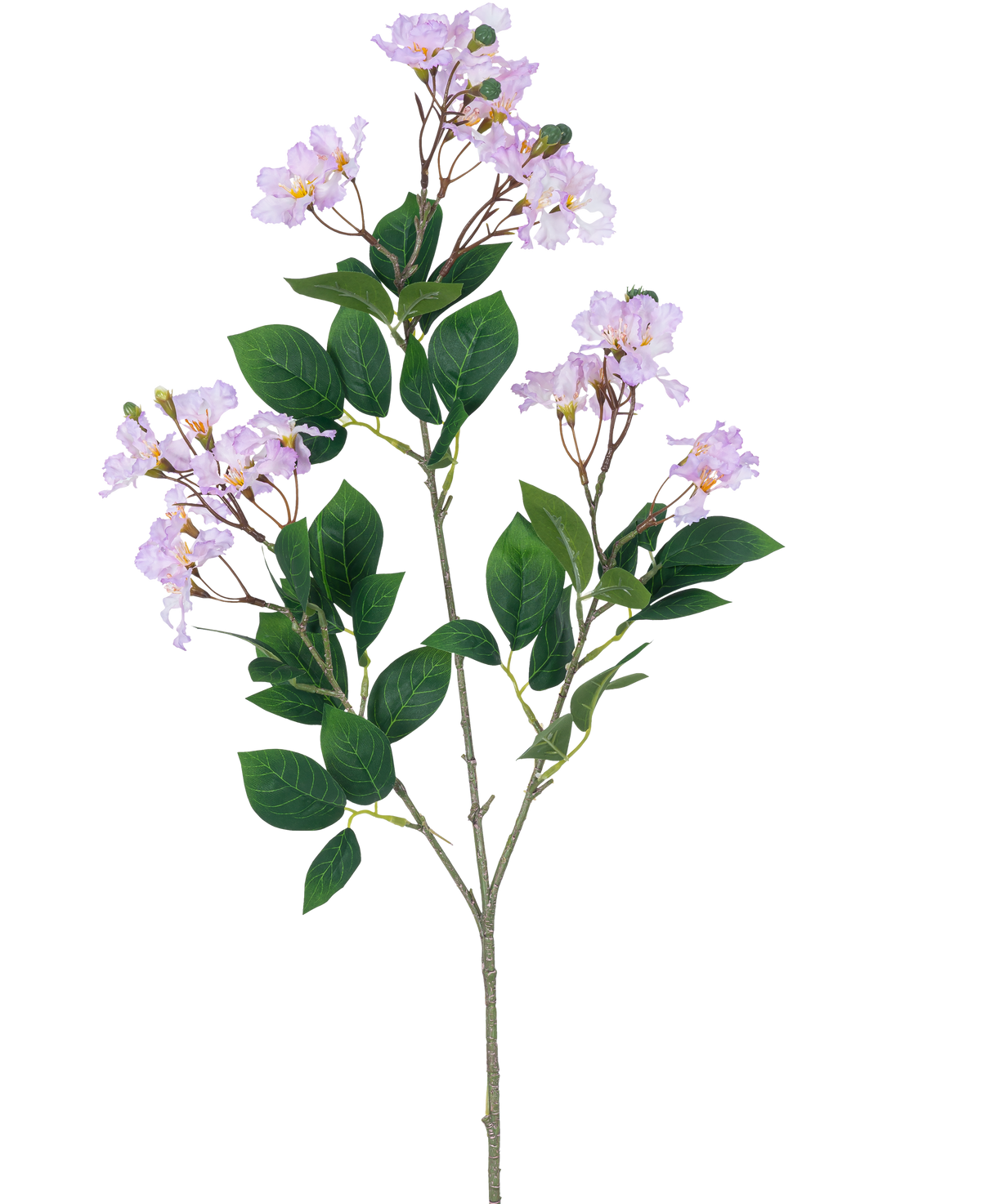 Un singolo fiore artificiale Lagerstroemia 92 cm viola con mazzi di fiori viola chiaro e diverse foglie verdi, su sfondo bianco semplice.