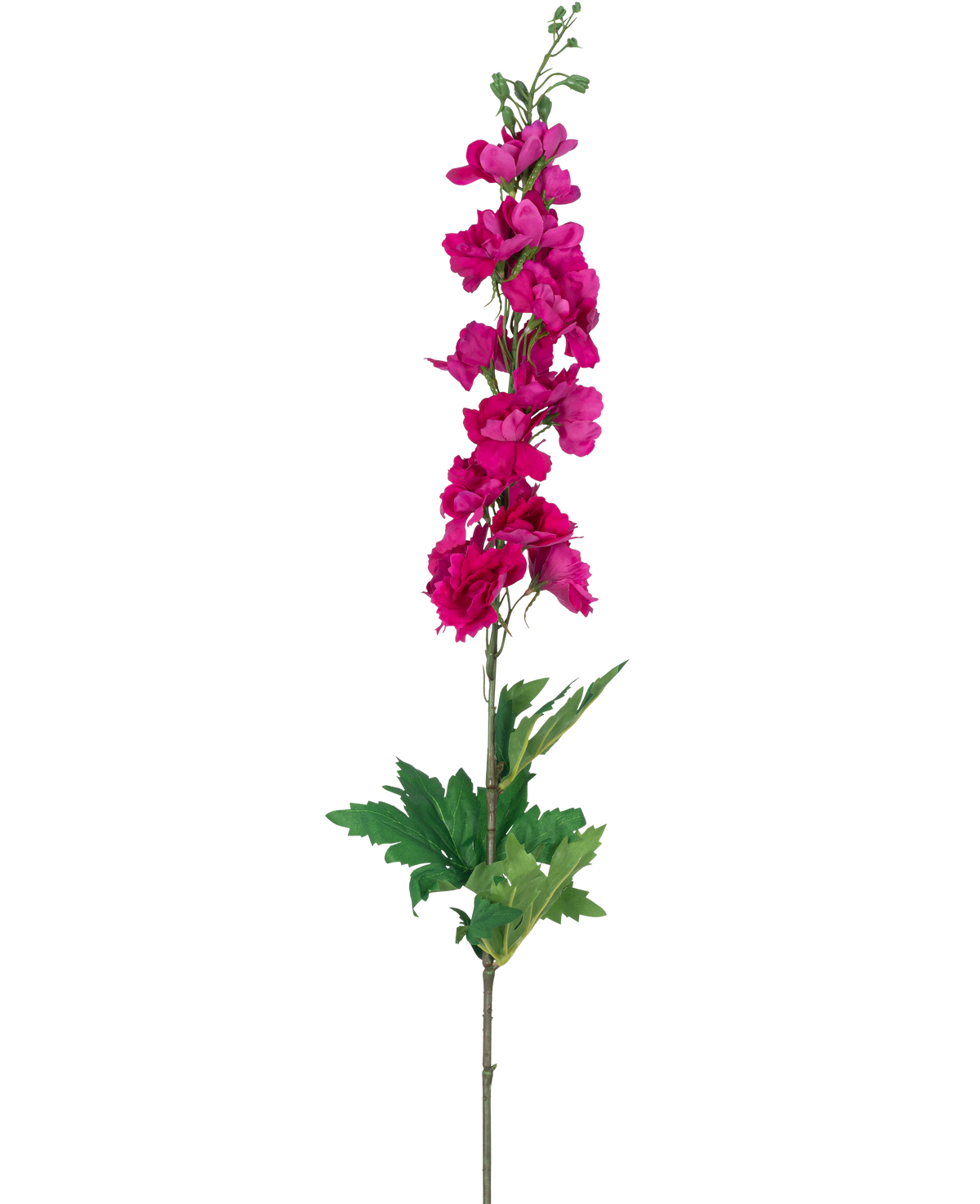 Un singolo fiore artificiale Larkspur Real Touch rosa, alto 90 cm con molteplici fiori rosa lungo lo stelo superiore e foglie verdi alla base, raffigurato su sfondo bianco.