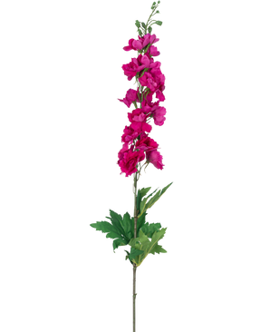 Un singolo fiore artificiale Larkspur Real Touch rosa, alto 90 cm con molteplici fiori rosa lungo lo stelo superiore e foglie verdi alla base, raffigurato su sfondo bianco.