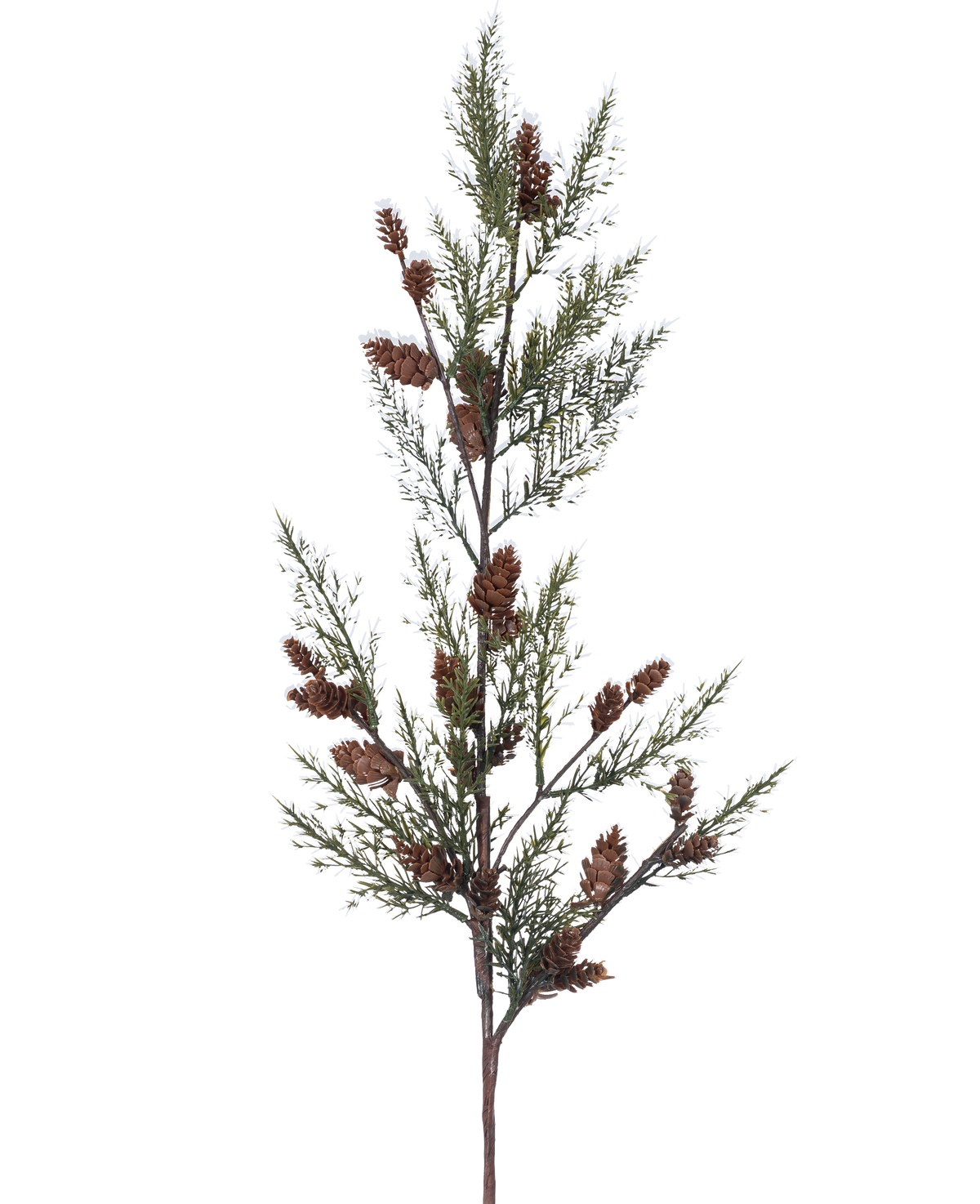 Il Ramo Artificiale Ago di Pino 85 cm verde presenta un ramo con sottili foglie aghiformi di colore verde e mazzetti di piccole pigne marroni, isolate su fondo bianco.