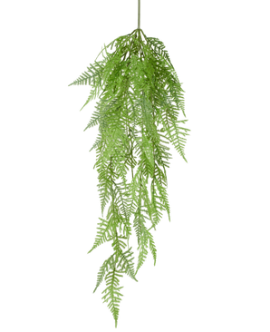 La pianta artificiale di asparagi pendenti da 84 cm ha foglie verdi delicate e piumate e motivi dettagliati, che pendono con grazia su uno sfondo bianco a tinta unita.