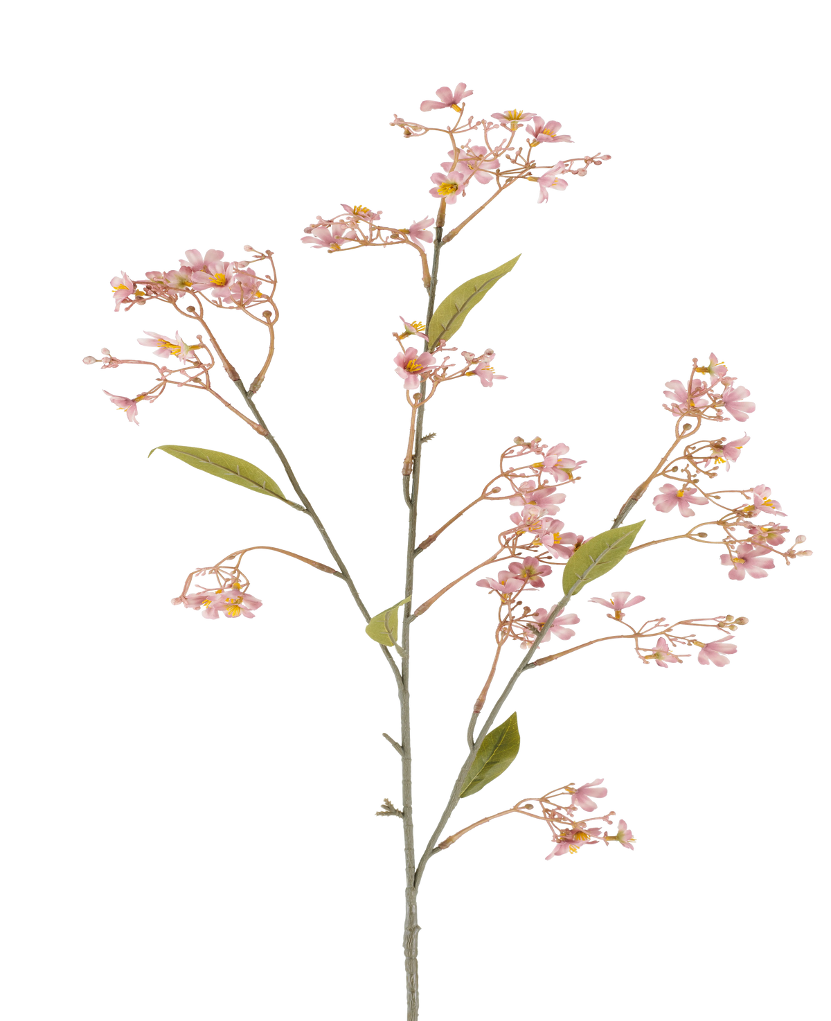 Un unico stelo del fiore artificiale Dafne di 108 cm di colore rosa antico, con mazzetti di fiori rosa tenue e alcune foglie verdi su sfondo bianco.