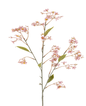 Un unico stelo del fiore artificiale Dafne di 108 cm di colore rosa antico, con mazzetti di fiori rosa tenue e alcune foglie verdi su sfondo bianco.