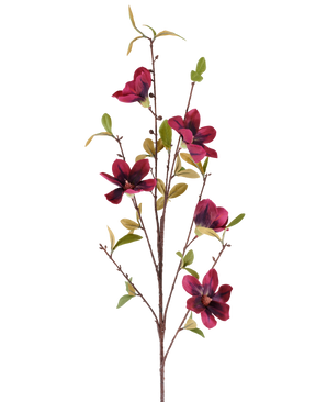 Un singolo fiore artificiale Magnolia 94 cm, ramo artificiale rosso bordeaux con cinque fiori rosso intenso e foglie verdi, presentato su uno sfondo bianco semplice.