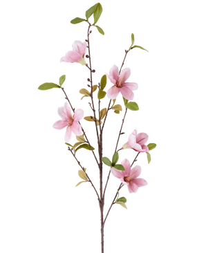 Un sottile ramo di magnolia artificiale di 94 cm in rosa antico, con diversi fiori di magnolia rosa e foglie verdi su uno sfondo bianco.