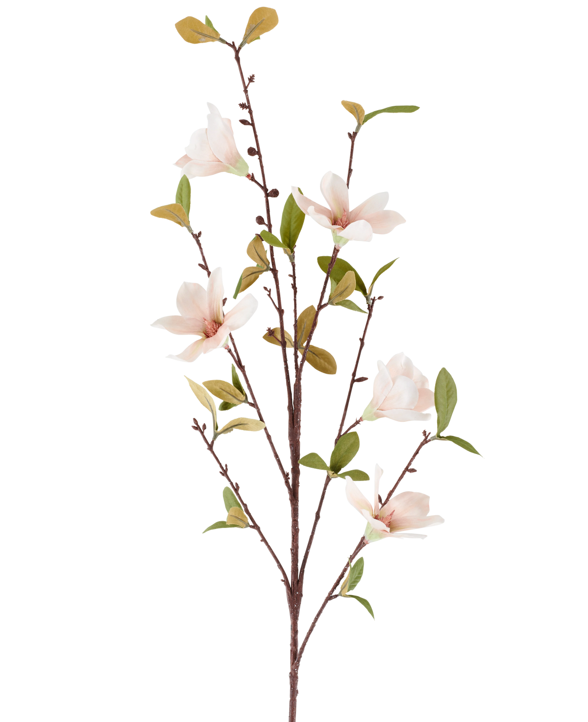 Un fiore artificiale di magnolia di 94 cm, color crema/marrone, con diversi fiori rosa chiaro e foglie verdi su sottili steli marroni, raffigurati su uno sfondo bianco semplice.