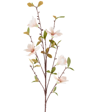 Un fiore artificiale di magnolia di 94 cm, color crema/marrone, con diversi fiori rosa chiaro e foglie verdi su sottili steli marroni, raffigurati su uno sfondo bianco semplice.