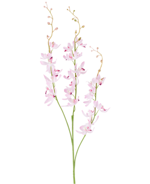 Due steli verdi con grappoli ramificati di delicati fiori di orchidea cymbidium viola chiaro e piccoli boccioli su rametti sottili e arcuati, raffigurati su un semplice sfondo bianco. Il prodotto raffigurato è il fiore artificiale Cymbidium 95 cm viola.