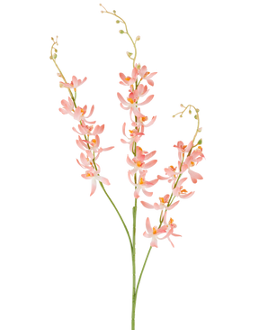 Tre lunghi steli verdi del fiore artificiale Cymbidium pesca da 95 cm, con mazzi di delicati fiori di orchidea color pesca e piccoli boccioli gialli, su uno sfondo bianco semplice.
