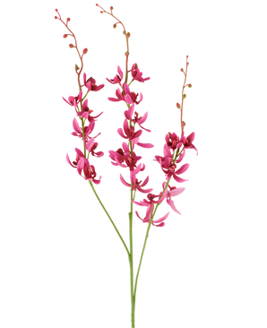 Tre steli del fiore artificiale Cymbidium di 95 cm in rosso bordeaux, con fiori vivaci e piccoli boccioli, su sfondo bianco.