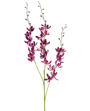 Tre lunghi steli del fiore artificiale Cymbidium di 95 cm in un viola vibrante, con piccoli boccioli verdi, su uno sfondo bianco semplice.