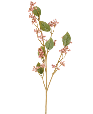 Un singolo stelo del fiore artificiale della bacca rossa, alto 78 cm in rosa antico, con foglie verdi e mazzi di piccole bacche rotonde rosa su sottili steli marroni, raffigurati su un semplice sfondo bianco.