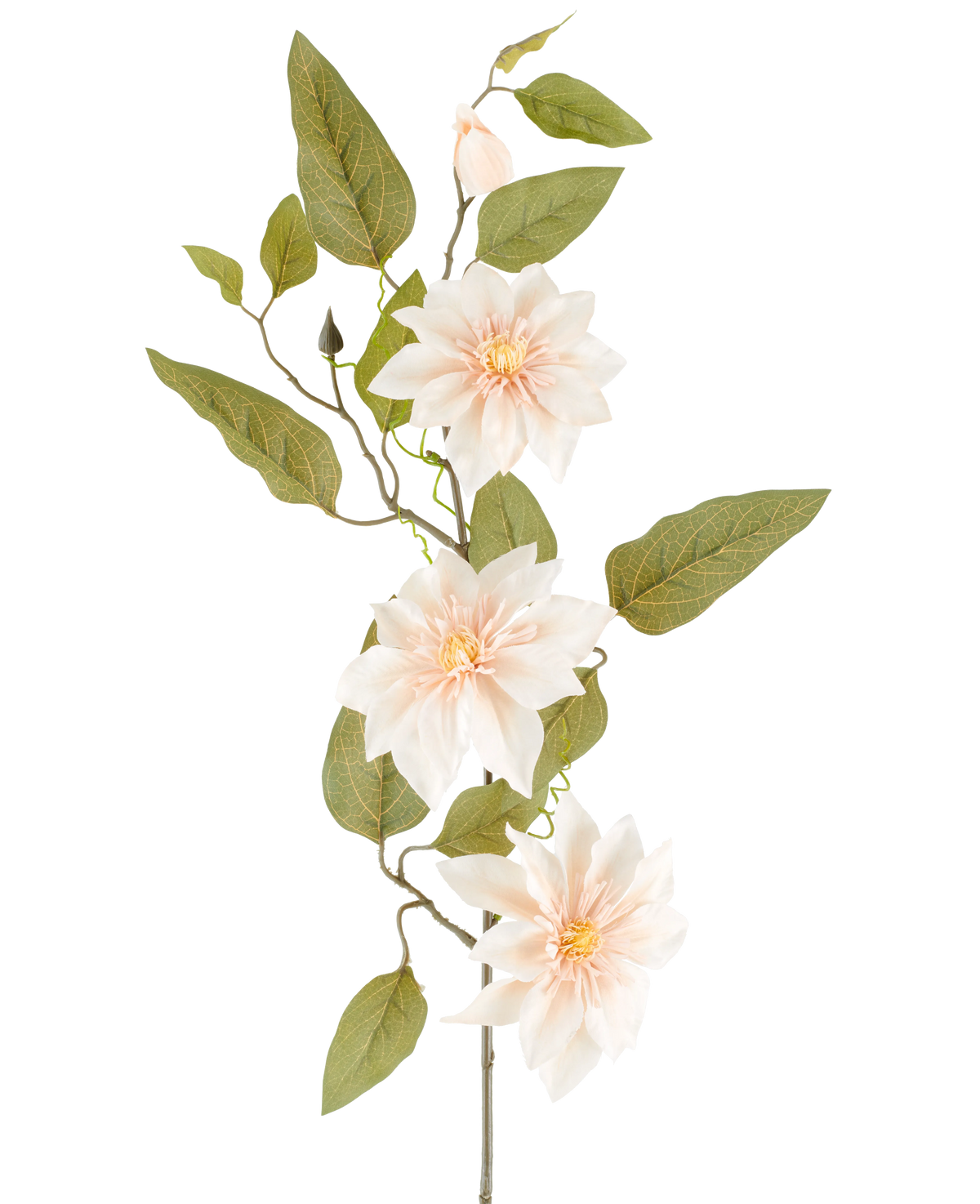 Un dettagliato fiore artificiale Clematide di 81 cm nel colore "crema antico" è composto da tre fiori rosa chiaro, varie foglie verdi e alcuni boccioli, su uno sfondo bianco semplice.