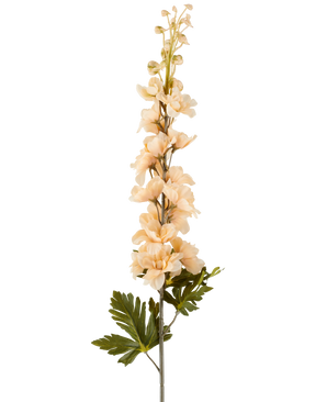 Un singolo stelo di fiore artificiale Delphinium di 79 cm color crema/marrone, con molteplici fiori color crema e marroni e foglie verdi, raffigurati su uno sfondo bianco.