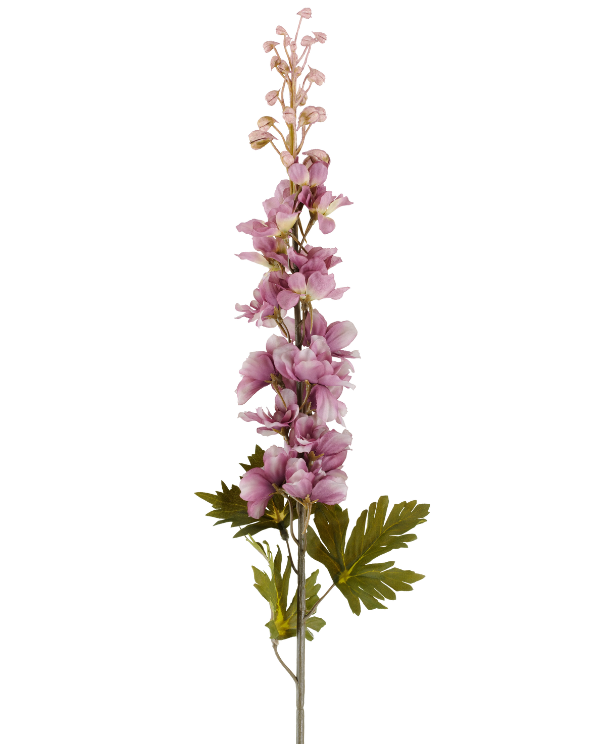 Un singolo stelo di fiore artificiale Delphinium da 79 cm color malva con molteplici fiori rosa e viola dai toni malva che sbocciano verso l'alto, accentuati da foglie verdi, raffigurati su uno sfondo bianco.