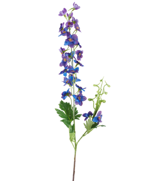 Un unico fiore artificiale Delphinium alto che misura 79 cm con uno stelo viola, caratterizzato da piccoli fiori viola e blu vivaci e foglie verdi su un semplice sfondo bianco.