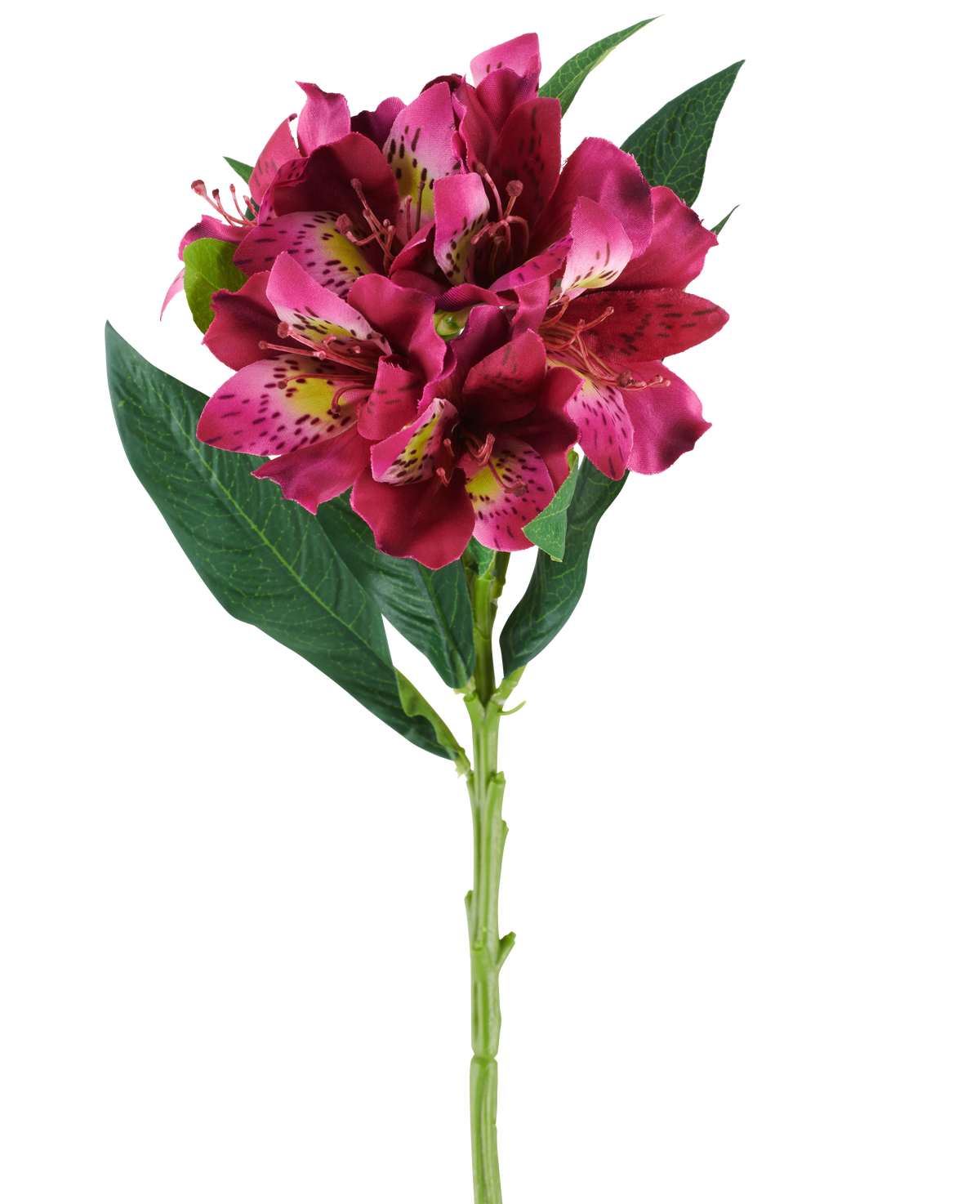 Un unico stelo del fiore artificiale Alstroemeria di 74 cm nei toni del rosso e del viola, con fiori realistici e foglie verdi, isolato su uno sfondo bianco.