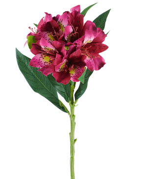 Un unico stelo del fiore artificiale Alstroemeria di 74 cm nei toni del rosso e del viola, con fiori realistici e foglie verdi, isolato su uno sfondo bianco.
