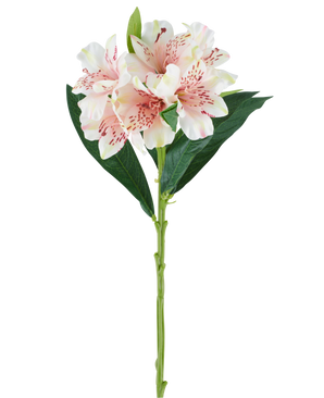 Un unico stelo del fiore artificiale Alstroemeria 74 cm rosa chiaro con foglie verdi e tre fiori rosa chiaro con macchie rosa scuro, su sfondo bianco.