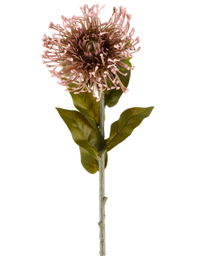 Il fiore artificiale Protea 65 cm malva è un singolo fiore artificiale a forma di protea, con un grappolo rotondo di malva, petali appuntiti, foglie verdi e un lungo stelo, raffigurato su un semplice sfondo bianco.