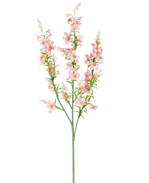 Un singolo stelo verde con rami multipli porta grappoli di piccoli, delicati fiori artificiali di nepitella rosa pallido da 75 cm e foglie verdi, raffigurati su un semplice sfondo bianco.