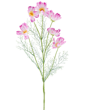 Un fiore artificiale Cosmo da 78 cm in crema/rosa, con molteplici fiori cosmo rosa chiaro e bianchi e foglie verdi piumate, raffigurati su un semplice sfondo bianco.
