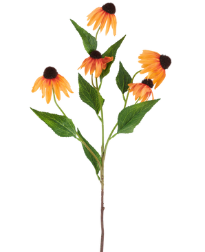 Un singolo fiore artificiale di Echinacea di 75 cm, arancione, con cinque vivaci coneflower arancioni, ciascuno con un centro marrone scuro e circondato da foglie verdi, su uno sfondo bianco semplice.