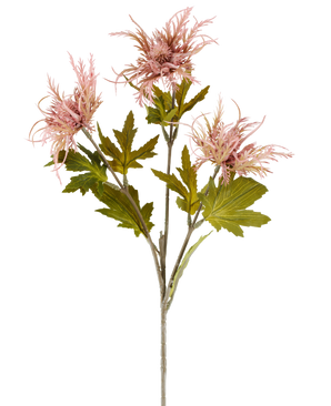 Un unico stelo di fiore artificiale Armeria maritima, rosa antico di 67 cm, con diverse foglie verdi e fiori rosa antico a tre punte, raffigurati su uno sfondo bianco semplice.