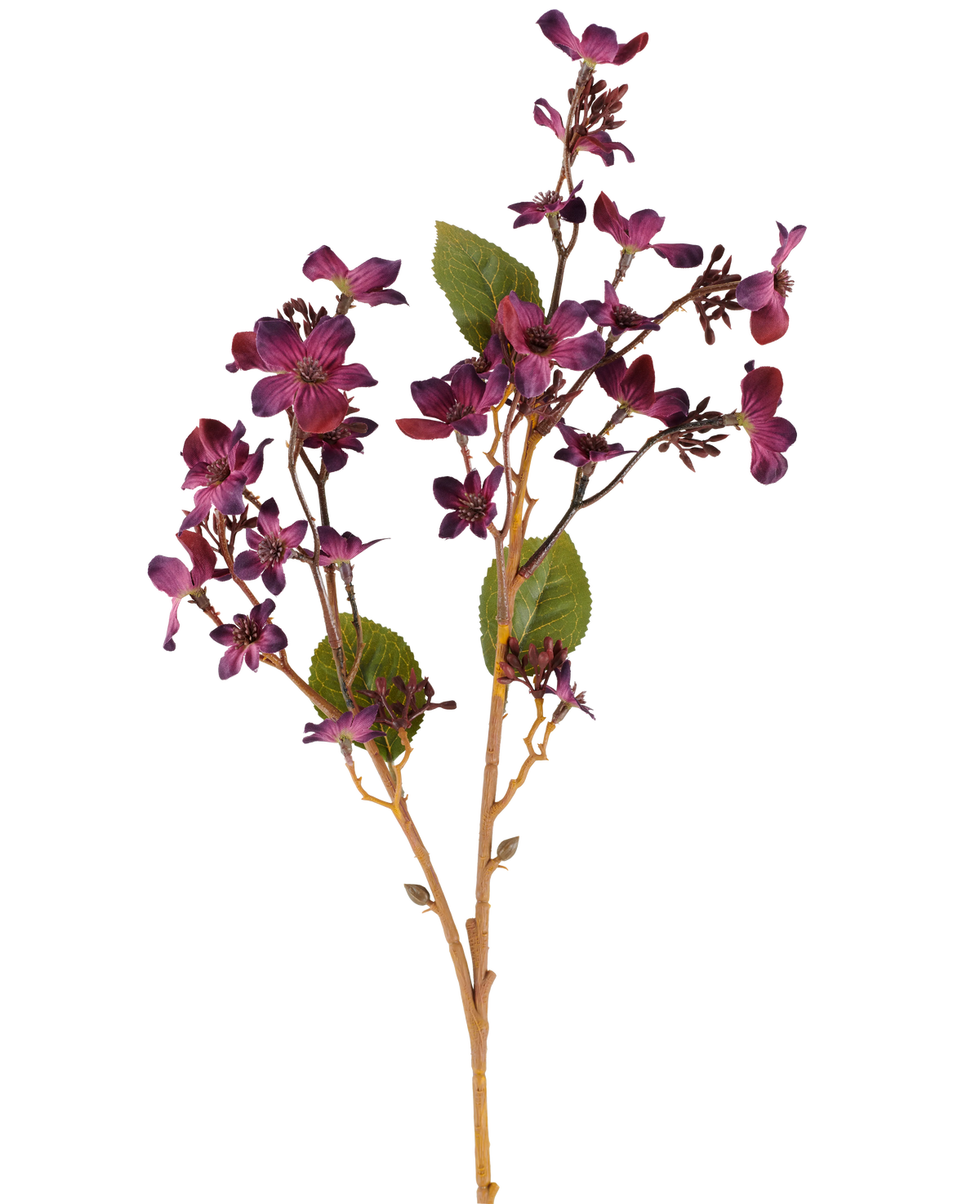 Un fiore artificiale Vernicia Fordii di 63 cm in rosso bordeaux, con mazzi di piccoli fiori viola scuro e foglie verdi su steli sottili, marrone chiaro, su sfondo bianco.