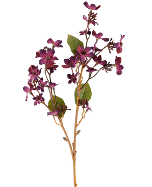 Un fiore artificiale Vernicia Fordii di 63 cm in rosso bordeaux, con mazzi di piccoli fiori viola scuro e foglie verdi su steli sottili, marrone chiaro, su sfondo bianco.