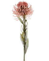 Kunstbloem Protea 60 cm oudroze met puntige roze bloemblaadjes en groene bladeren aan een lange steel, afgebeeld tegen een effen witte achtergrond.