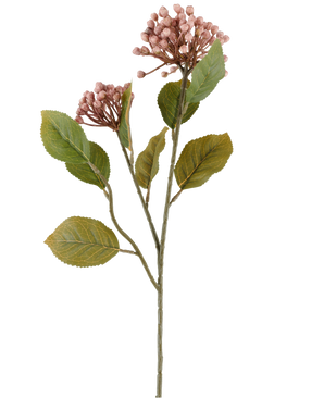 Fiore artificiale Ortensia 55 cm color malva, con mazzi di piccoli boccioli color malva e foglie verdi su steli lunghi e sottili di colore marrone-verde, raffigurati su sfondo bianco.