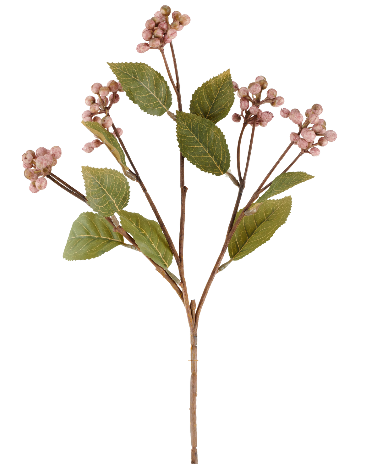 Un singolo stelo di fiori artificiali color malva di frutti di bosco, alto 53 cm, con rami multipli che portano grappoli di piccole bacche rotonde color malva e diverse foglie verdi ovali su uno sfondo bianco.