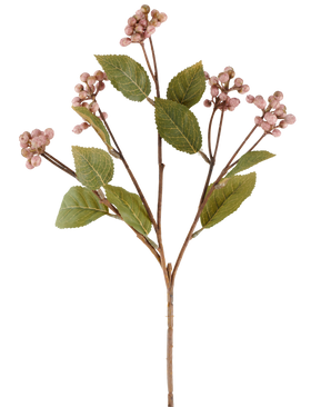 Un singolo stelo di fiori artificiali color malva di frutti di bosco, alto 53 cm, con rami multipli che portano grappoli di piccole bacche rotonde color malva e diverse foglie verdi ovali su uno sfondo bianco.