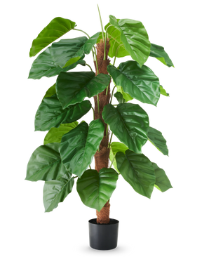 Una pianta artificiale Epipremnum aureum, alta 120 cm, con grandi foglie verdi lucide in un vaso nero, raffigurata su uno sfondo bianco semplice.