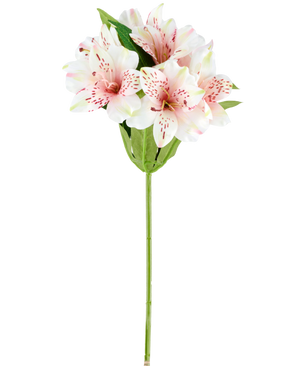 Un fiore artificiale di Alstroemeria di 47 cm di colore rosa/crema, con gigli artificiali rosa chiaro e bianchi con foglie e stelo verdi, raffigurati su sfondo bianco.