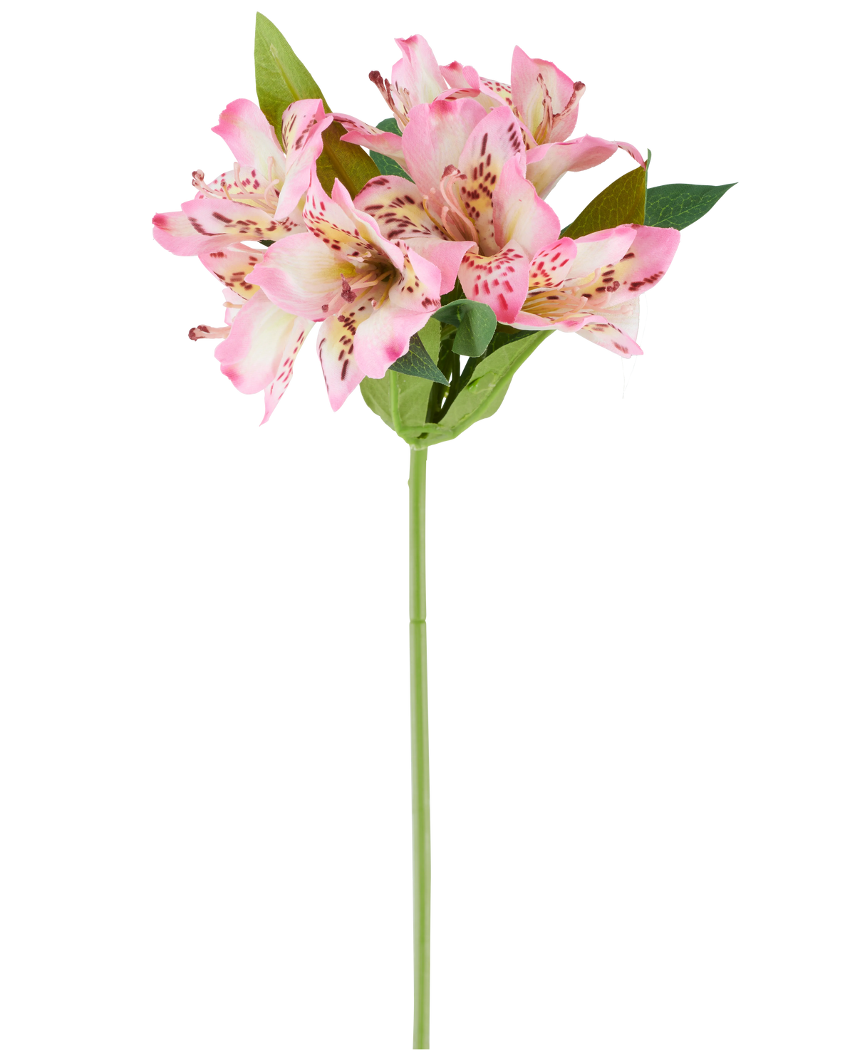 Un singolo fiore artificiale di Alstroemeria di 47 cm, rosa/crema, con vari fiori rosa e crema e foglie verdi, su sfondo bianco.