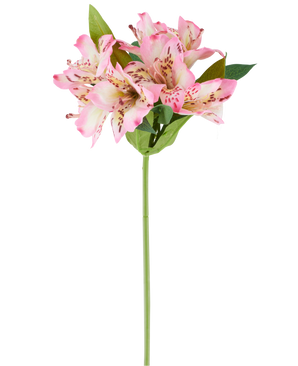 Un singolo fiore artificiale di Alstroemeria di 47 cm, rosa/crema, con vari fiori rosa e crema e foglie verdi, su sfondo bianco.