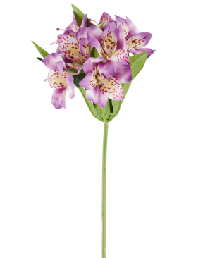 Un unico fiore artificiale di Alstroemeria di 47 cm, di colore lilla, con diversi fiori viola con macchie rosa, foglie verdi e stelo verde, fotografato su sfondo bianco.