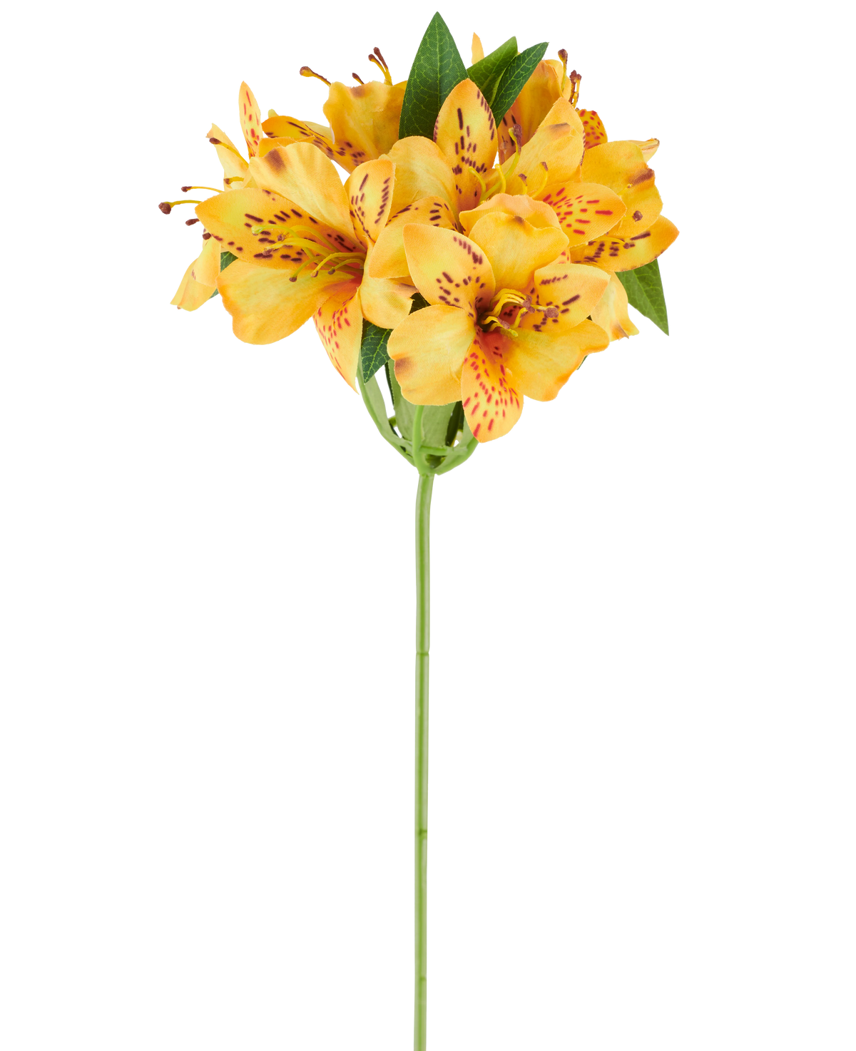 Un fiore artificiale di Alstroemeria da 47 cm, giallo, con vivaci petali maculati giallo-arancio e foglie verdi lussureggianti su un unico stelo verde, raffigurato su uno sfondo bianco.