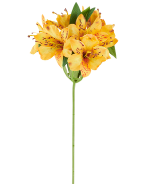 Un fiore artificiale di Alstroemeria da 47 cm, giallo, con vivaci petali maculati giallo-arancio e foglie verdi lussureggianti su un unico stelo verde, raffigurato su uno sfondo bianco.