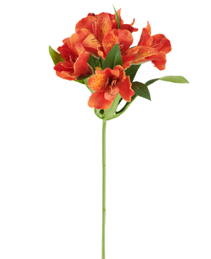 Fiore artificiale Alstroemeria, 47 cm, arancione con numerosi fiori maculati e foglie verdi su sfondo bianco.