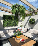 Een zonnig terras met beige zitmeubels met kussens en een houten tafel, versierd met een ananasvaas met roze bloemen en een schaal met aardbeien. Groene wandplanten zorgen voor een weelderige inrichting, aangevuld met de Kunst hangplant varen UV 60 cm in ring zwart als opvallend hangend accent.