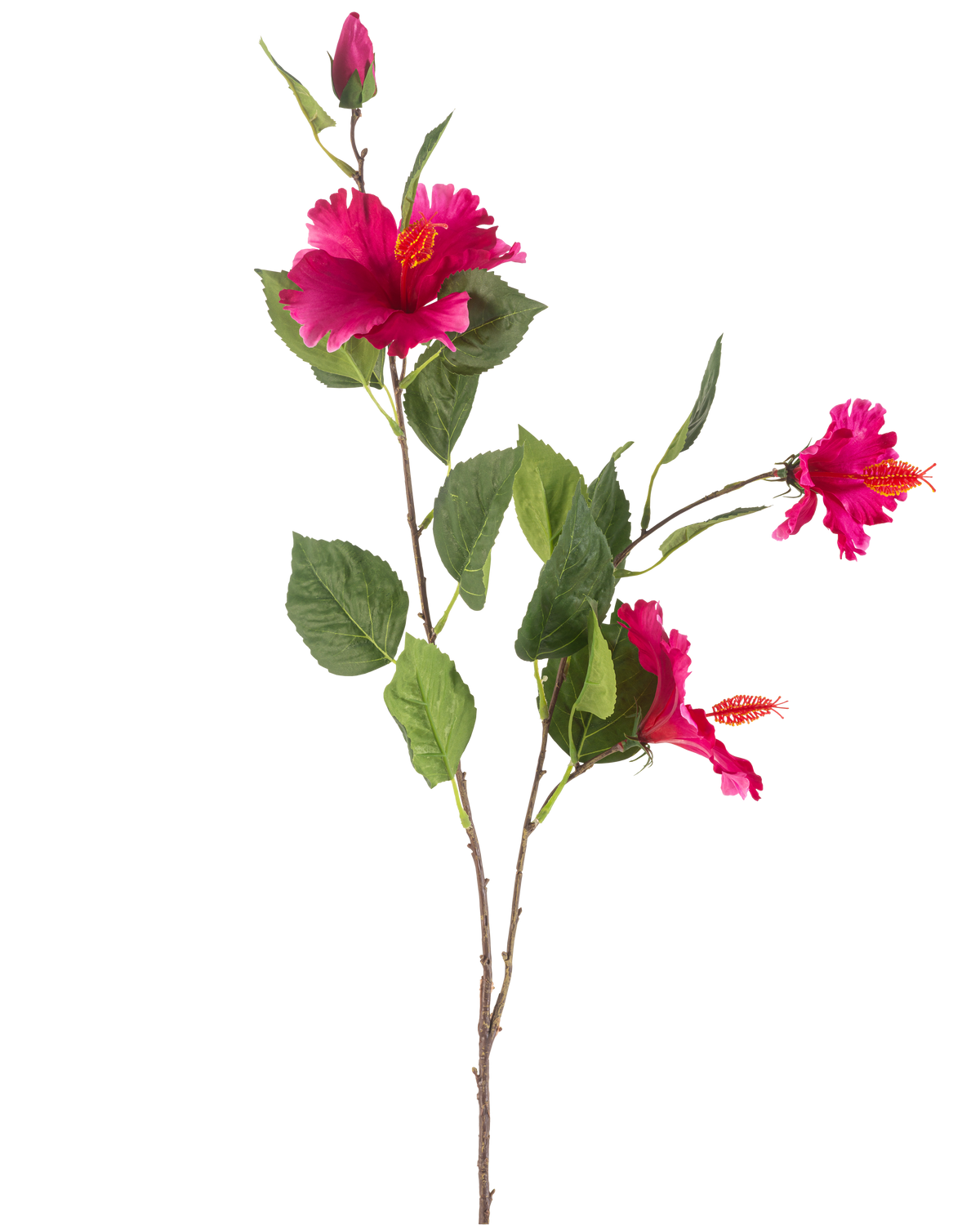 Il fiore artificiale di ibisco fucsia da 89 cm ha un ramo con foglie verdi, diversi fiori di ibisco fucsia vibranti e un bocciolo chiuso, il tutto su uno sfondo bianco.