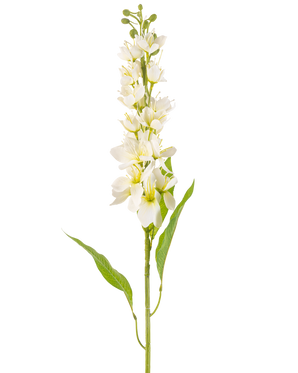 Il fiore artificiale mela asiatica crema da 84 cm ha un lungo stelo con diversi fiori delicati color crema e foglie verdi lunghe e strette su uno sfondo bianco semplice.